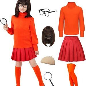Look like Velma Costume (KidsLG) New! -Red Skirt Wig Magnifier Glasses Socks